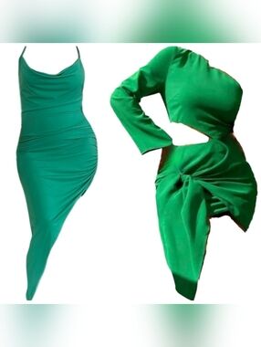 Bundle Lot 2 NWT Green Dresses Cutout Off Shoulder Dress, Green Ruched Dress